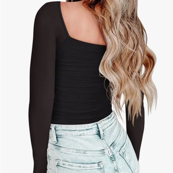 PINKMSTYLE Womens Square Neck Mesh Long Sleeve Bodysuit Shapewear Corset - Picture 4 of 5